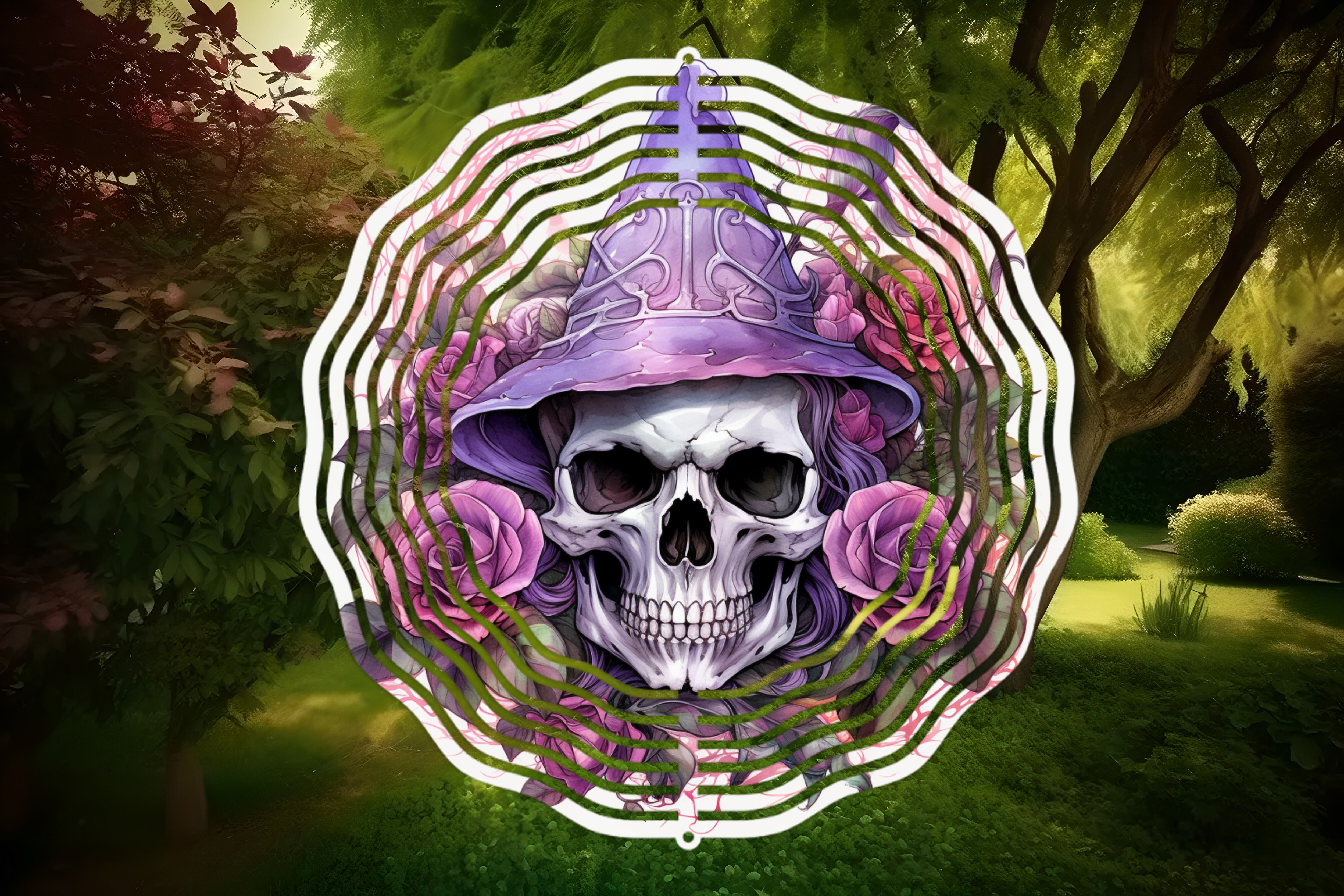 Witches Skull With Flowers - Wind Spinner