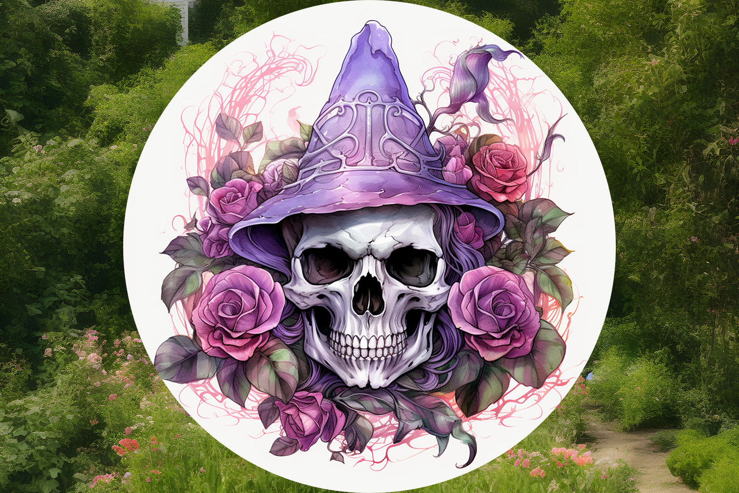 Witches Skull With Flowers - Wind Spinner