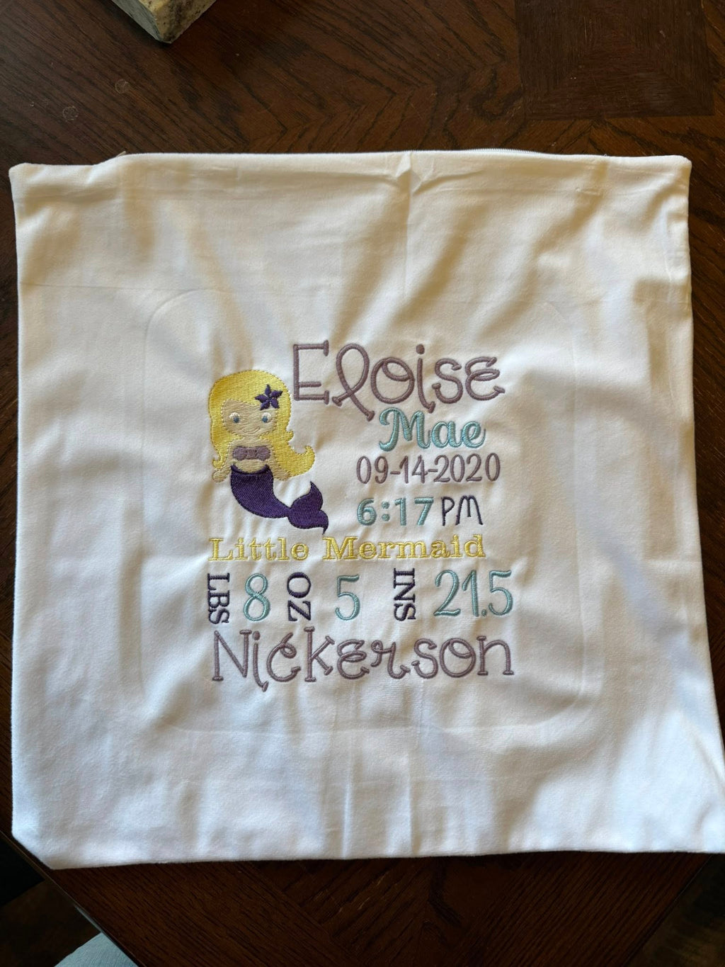 Birth Announcement Mermaid Pillow Cover - Embroidery