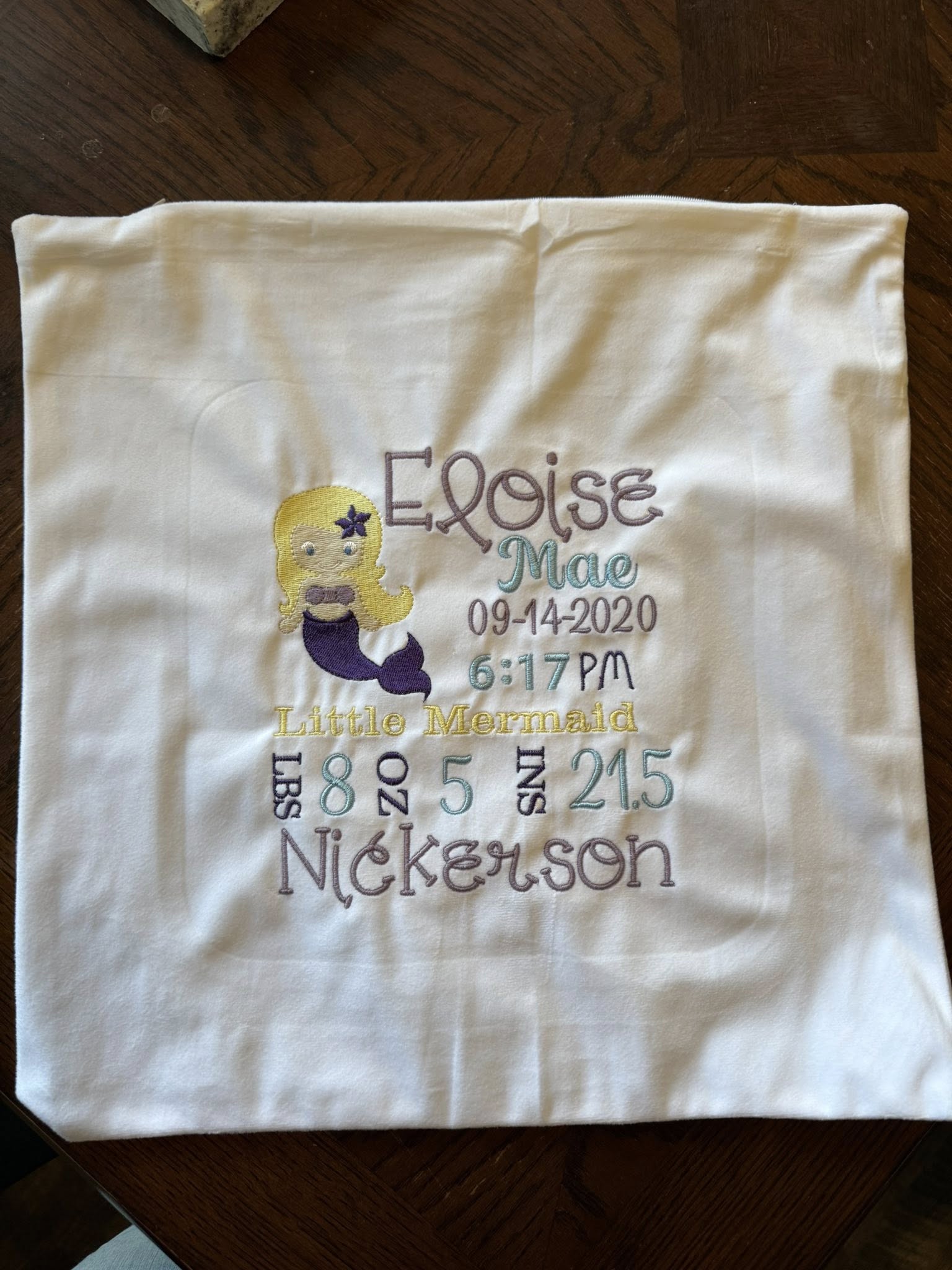 Birth Announcement Mermaid Pillow Cover - Embroidery