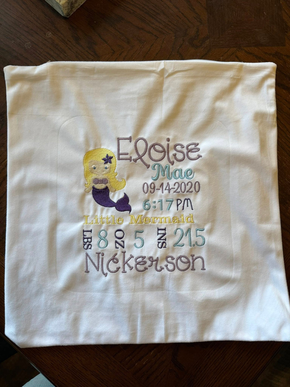 Birth Announcement Mermaid Pillow Cover - Embroidery