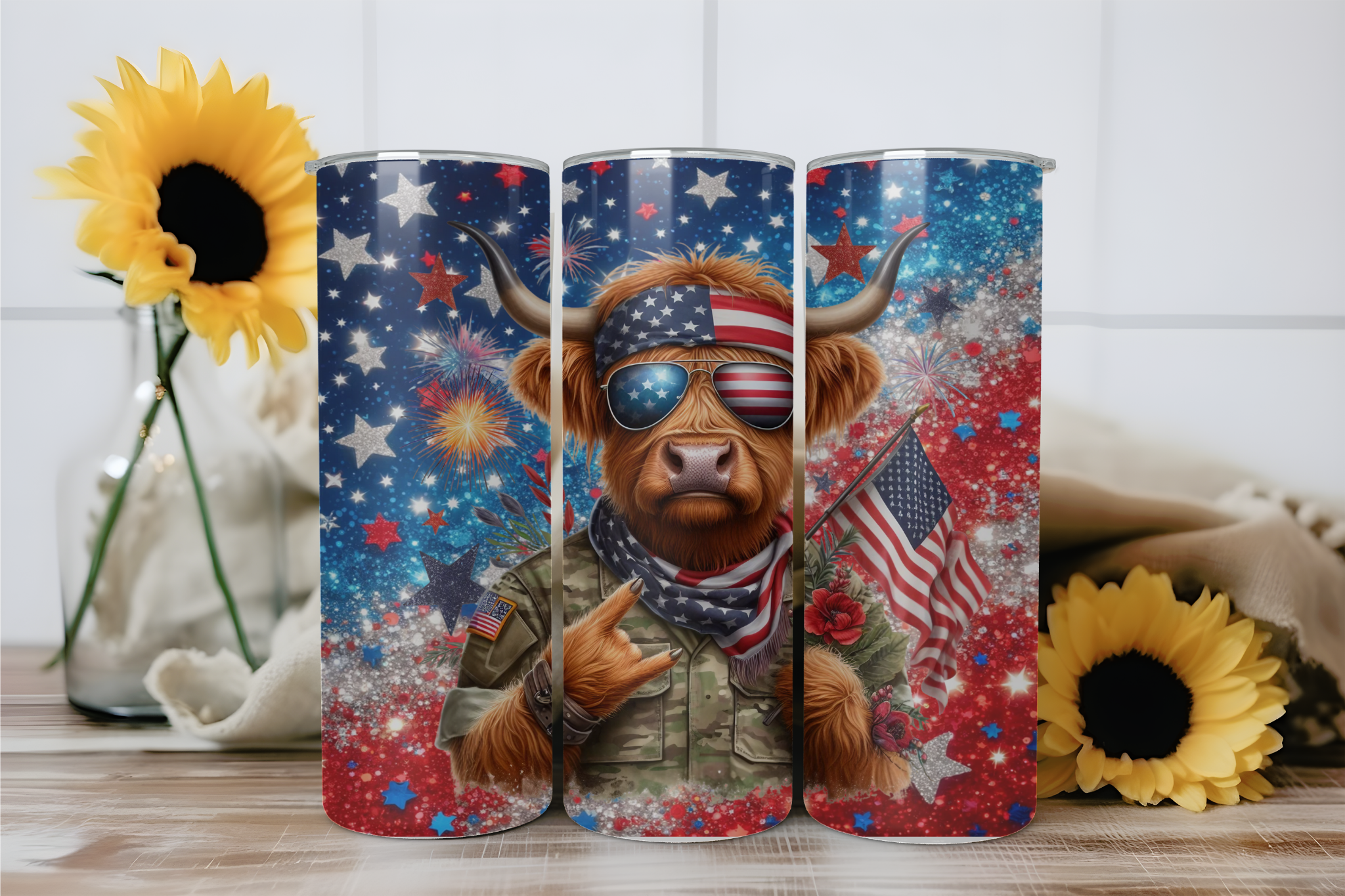 Highland Cow Patriotic Military - Tumbler Digital Download