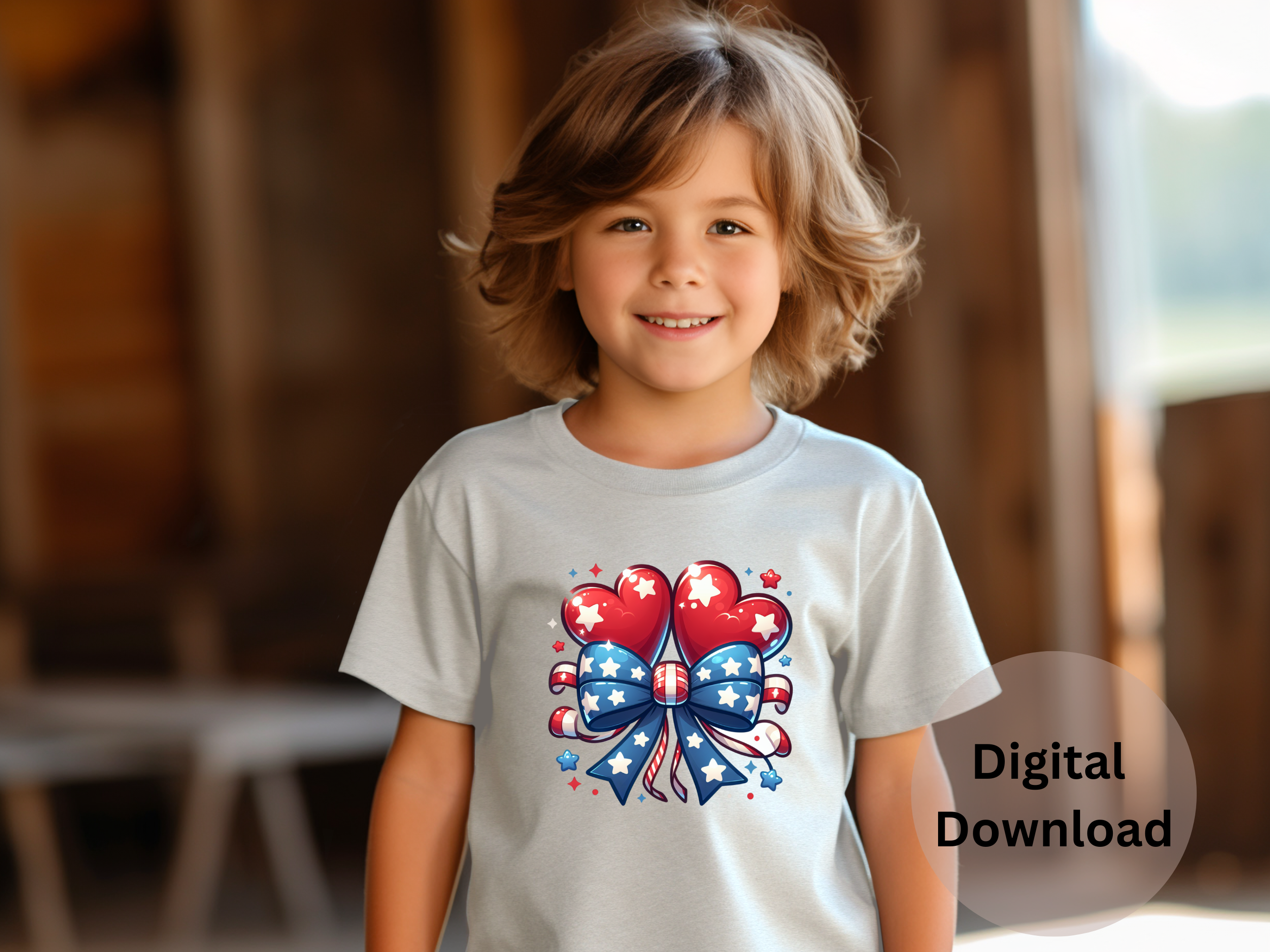 Patriotic Hearts Balloon With Bow - PNG Digital Download