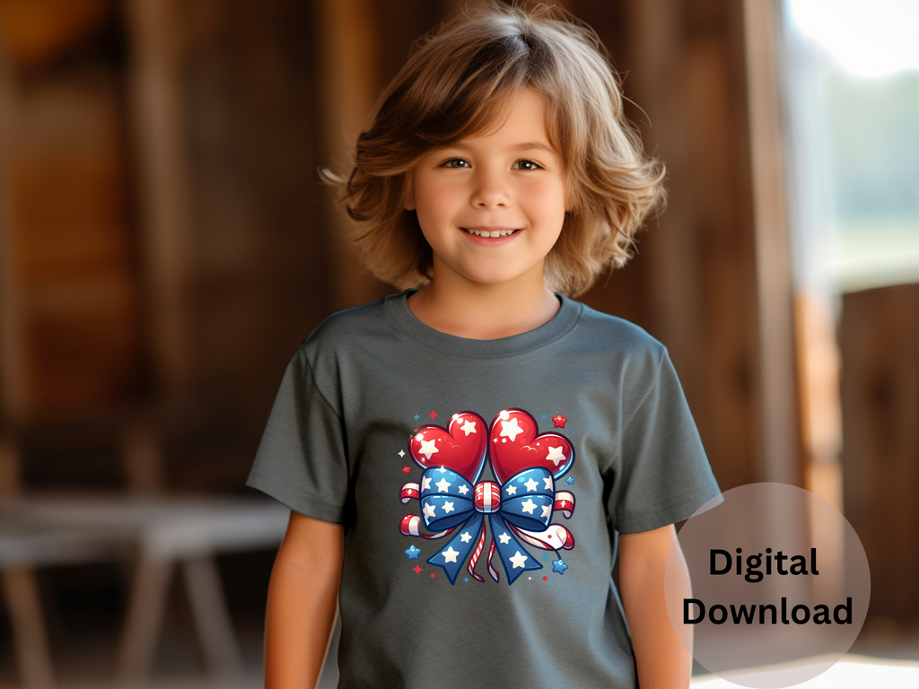 Patriotic Hearts Balloon With Bow - PNG Digital Download