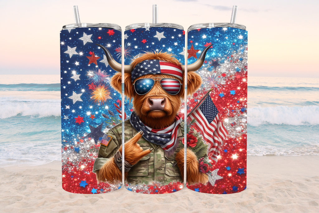 Highland Cow Patriotic Military - Tumbler Digital Download
