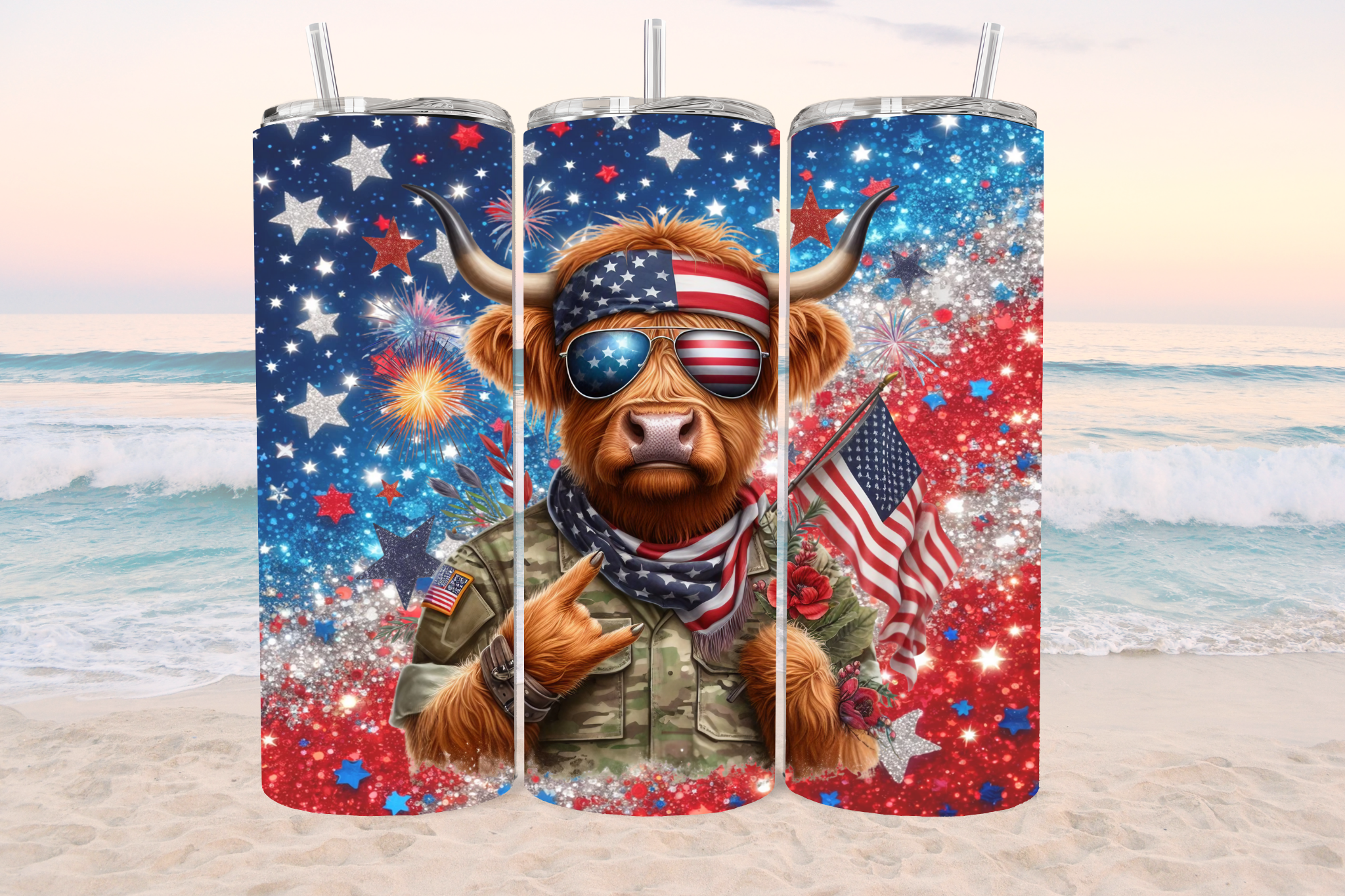 Highland Cow Patriotic Military - Tumbler Digital Download