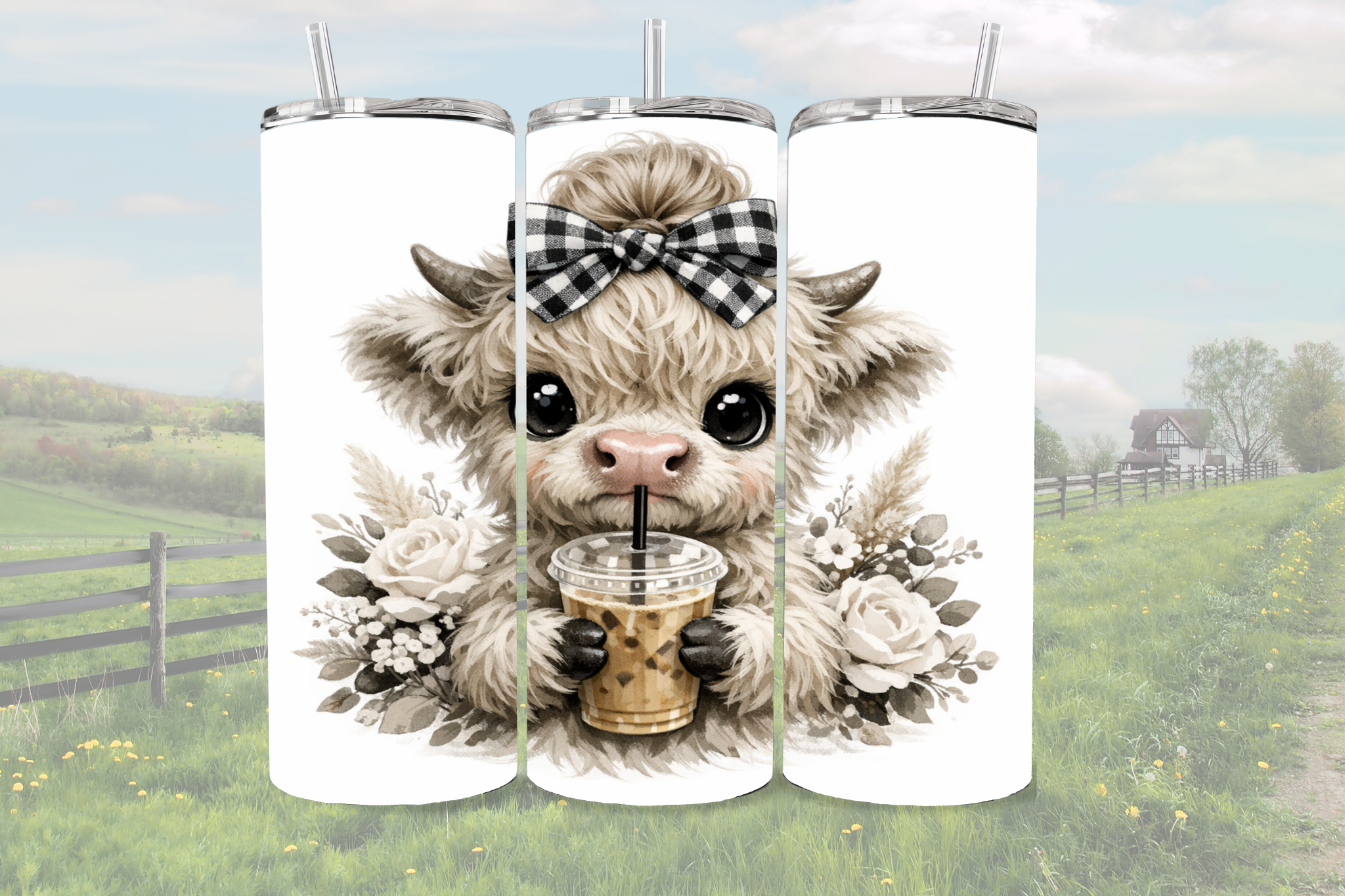 Highland Cow Ice Coffee Flowers - Tumbler Digital Download