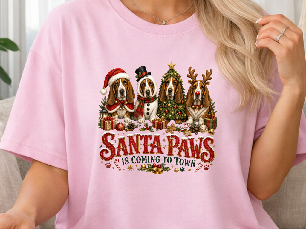 Santa Paws Christmas Basset Hound DTF Transfer - Youth/Adult Direct To Film Transfer