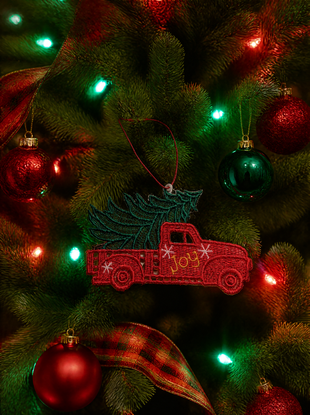 Red Truck Christmas Ornament with Tree and Joy Lettering - Embroidery