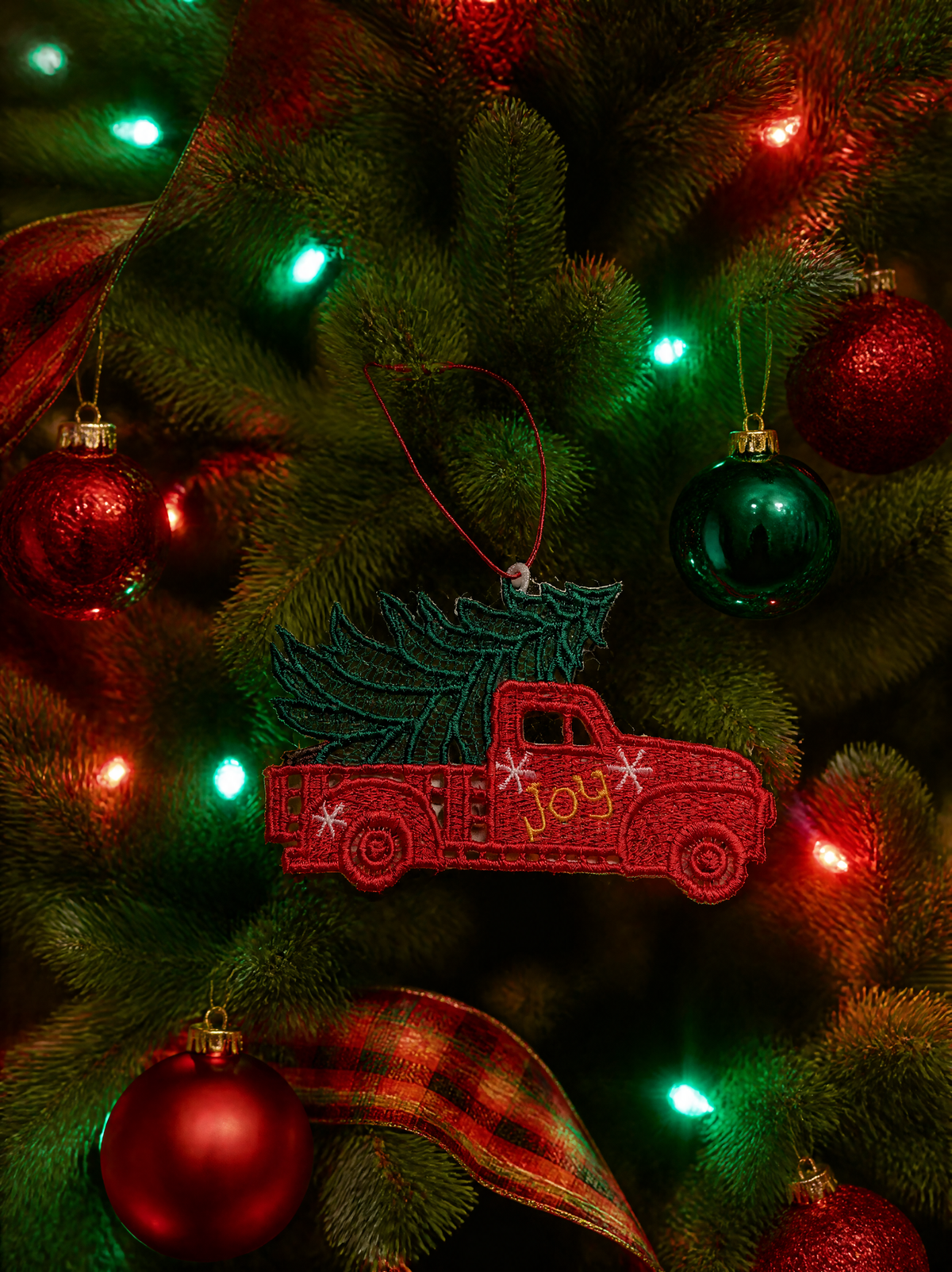 Red Truck Christmas Ornament with Tree and Joy Lettering - Embroidery