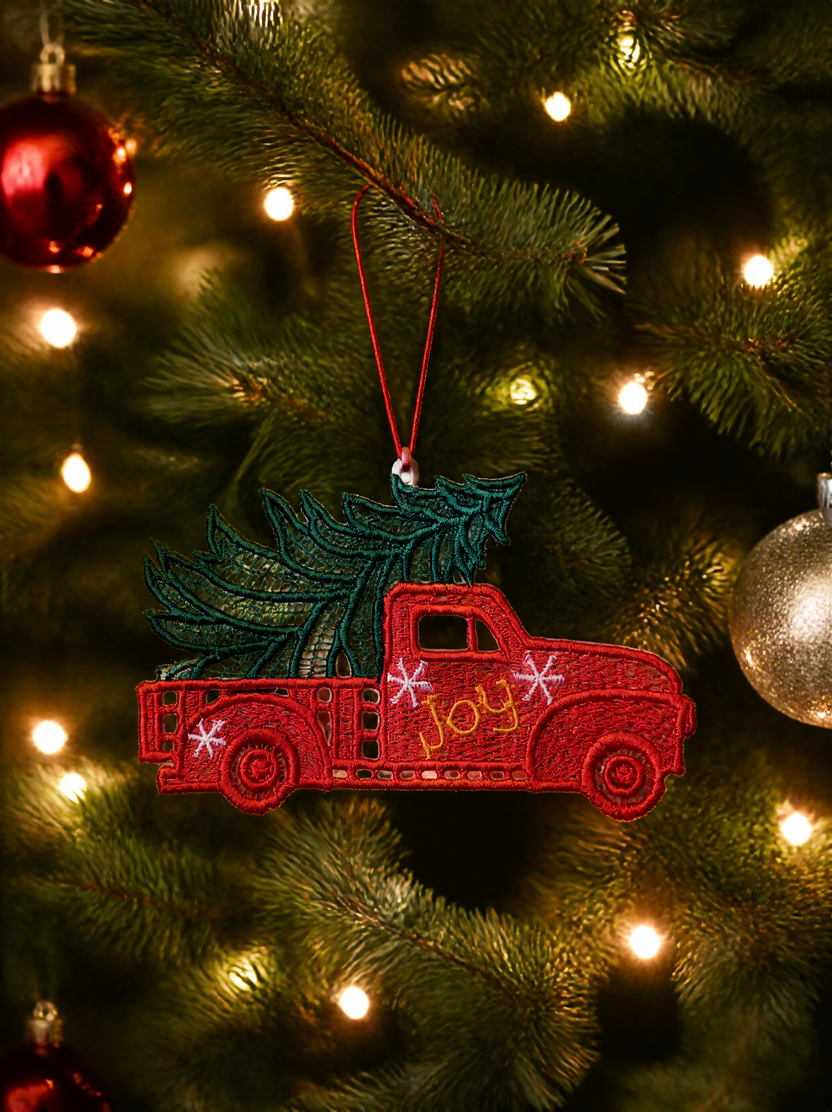 Red Truck Christmas Ornament with Tree and Joy Lettering - Embroidery
