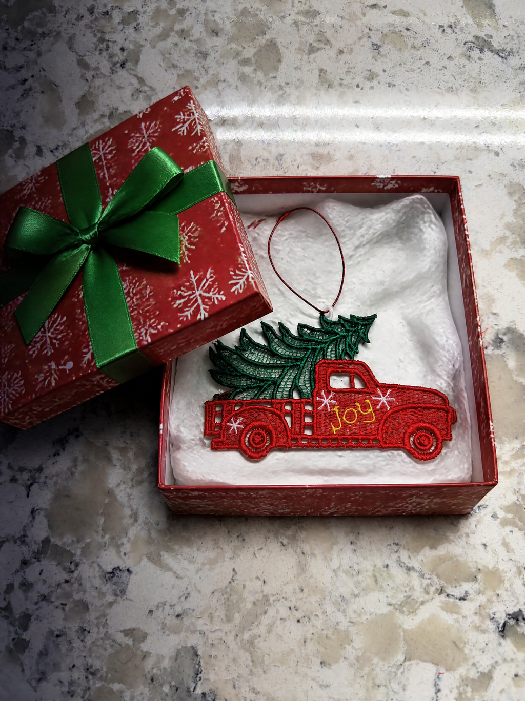 Red Truck Christmas Ornament with Tree and Joy Lettering - Embroidery