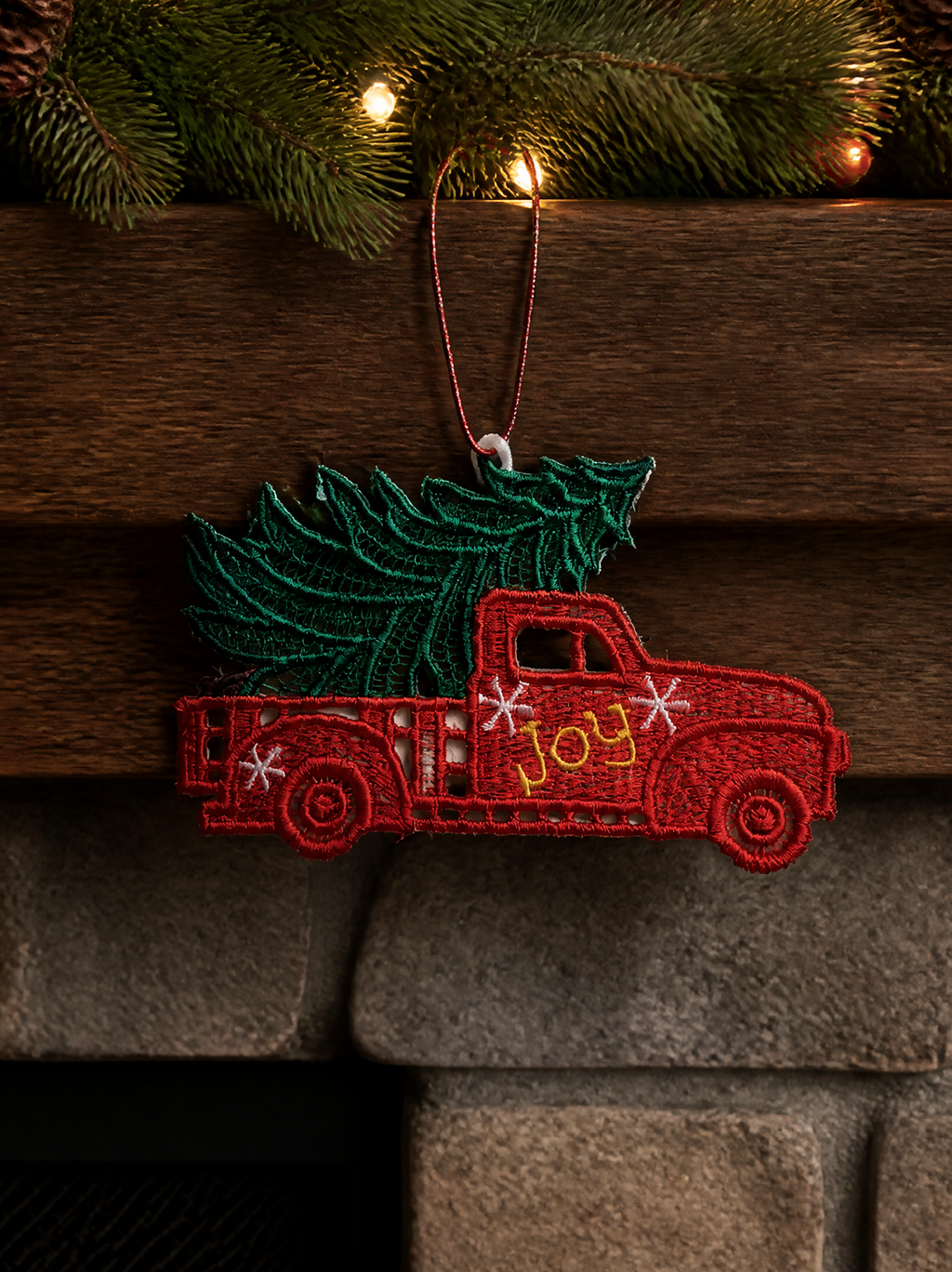 Red Truck Christmas Ornament with Tree and Joy Lettering - Embroidery