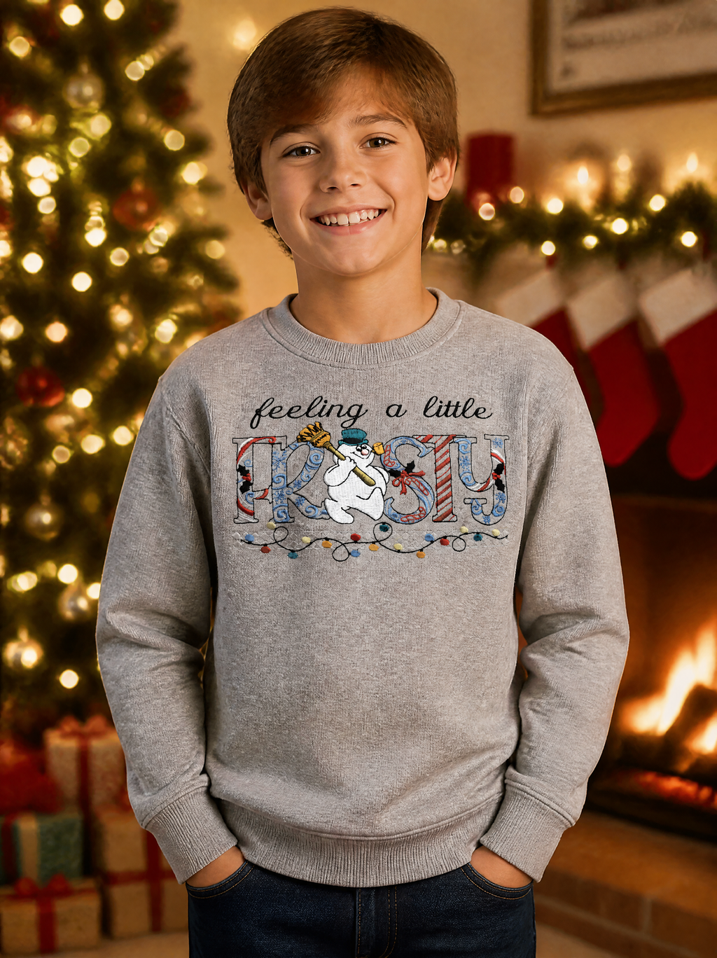 Feeling a Little Frosty Embroidered Youth Crewneck Sweatshirt - Kids Embroidery