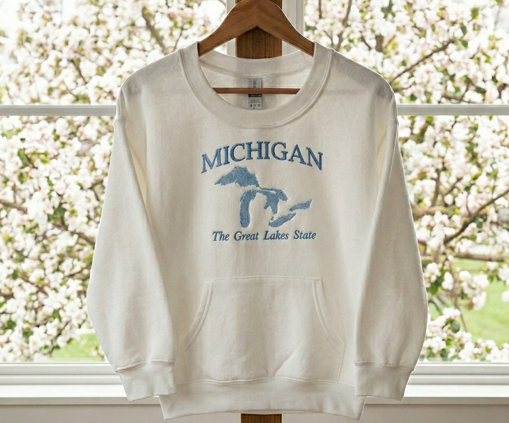 Michigan Great Lakes State  - Crewneck Pocket Adult Embroidery