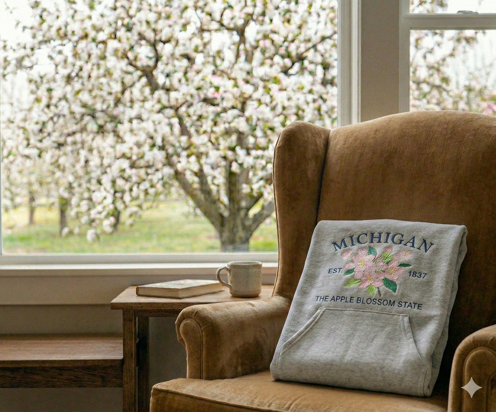 Michigan Apple Blossom State  - Crewneck Pocket Adult Embroidery