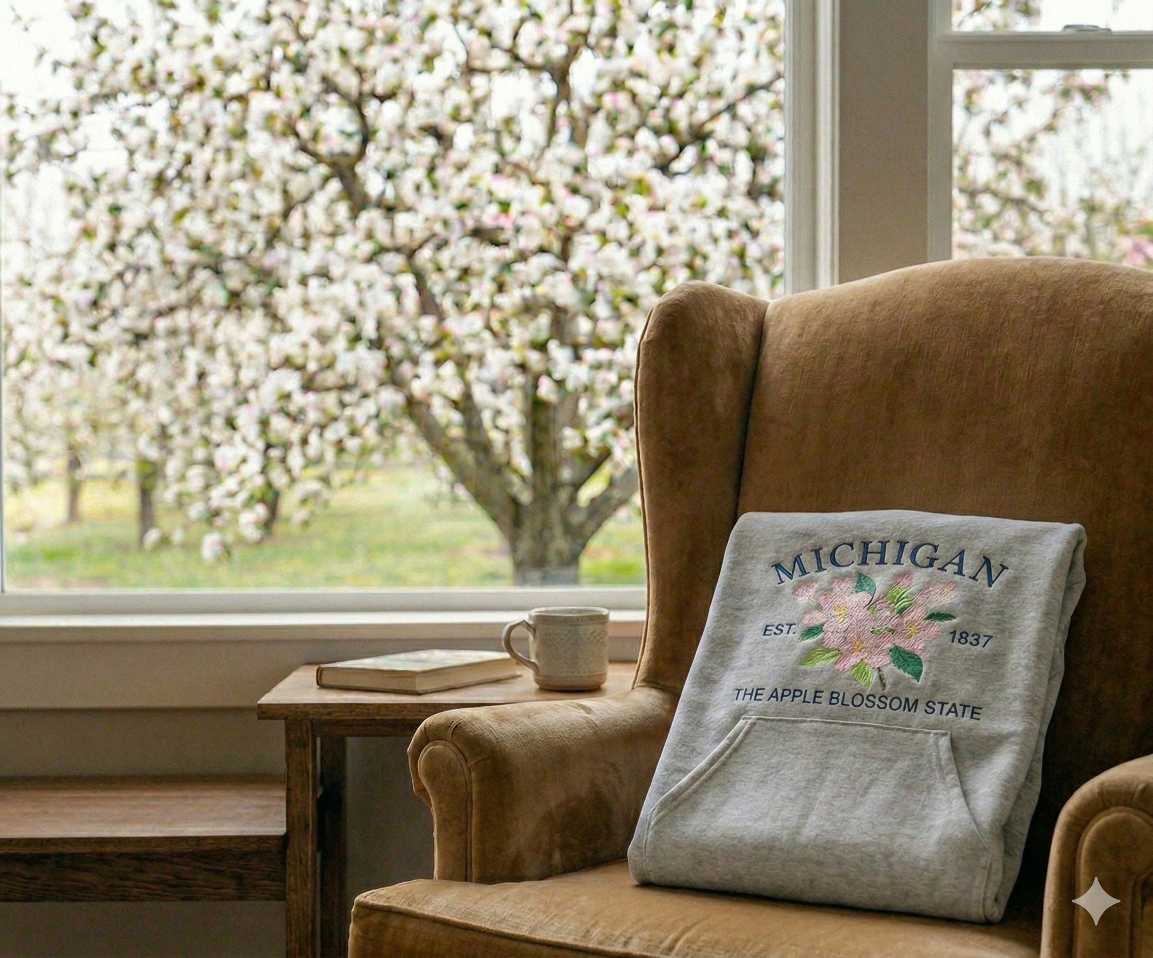 Michigan Apple Blossom State  - Crewneck Pocket Adult Embroidery