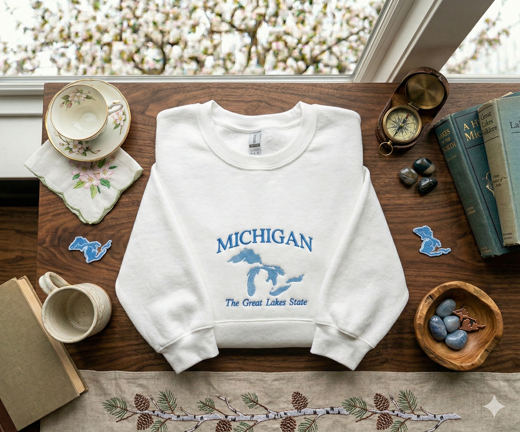 Michigan Great Lakes State  - Crewneck Pocket Adult Embroidery