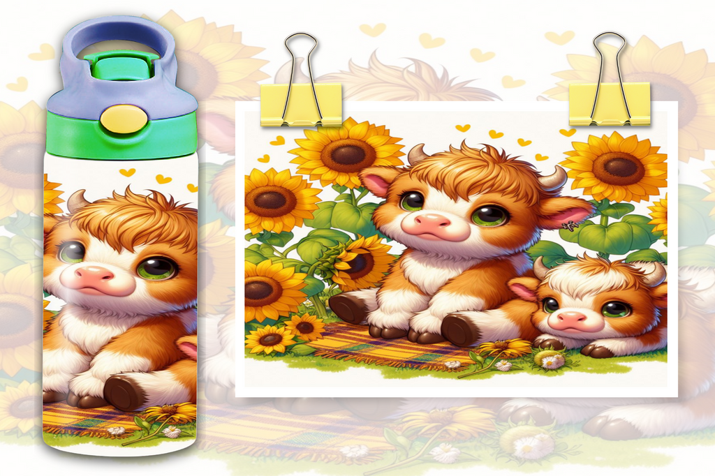 Highland Cow Spring Sunflowers 12oz - Kids Sippy Digital Download