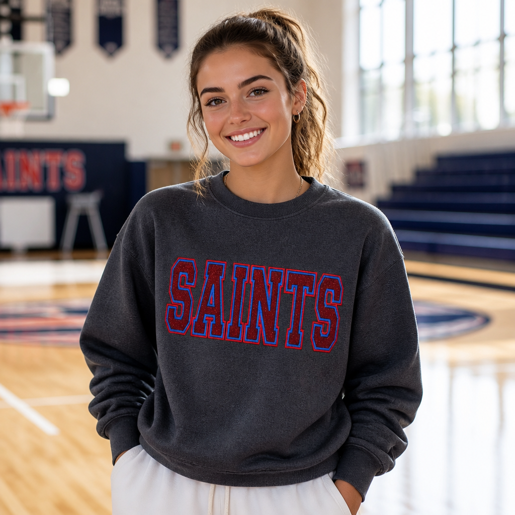 Saints Embroidered Mascot Varsity Spirit Wear Embroidered - Crewneck Adult Embroidery