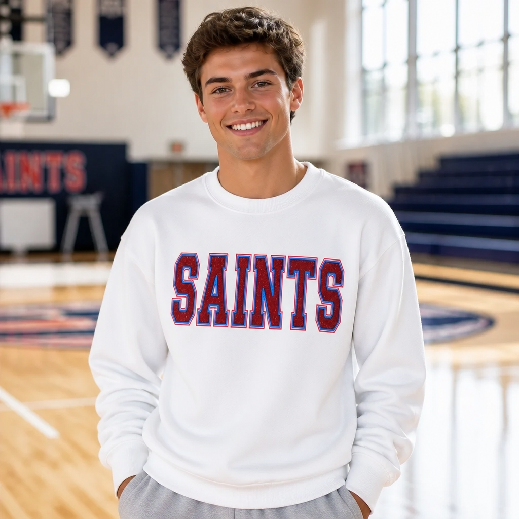 Saints Embroidered Mascot Varsity Spirit Wear Embroidered - Crewneck Adult Embroidery