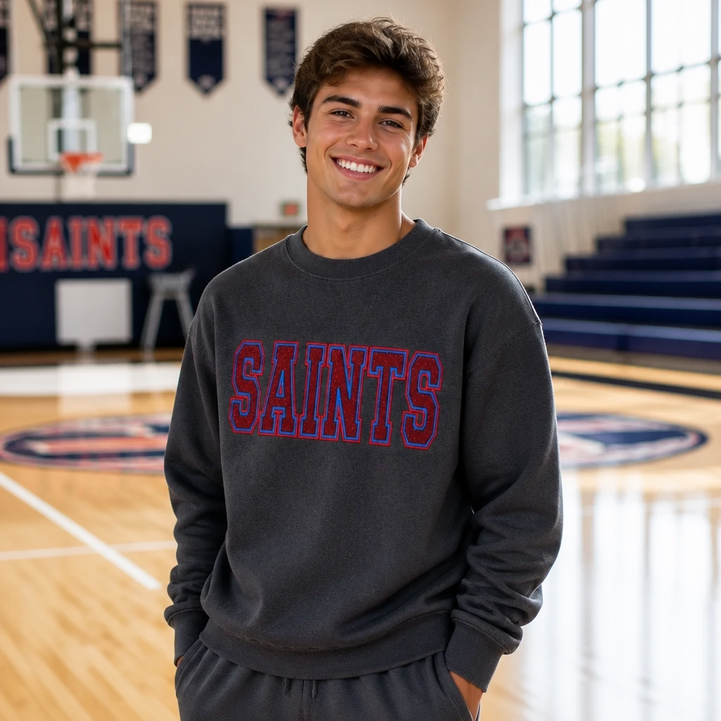 Saints Embroidered Mascot Varsity Spirit Wear Embroidered - Crewneck Adult Embroidery