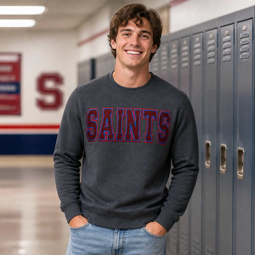 Saints Embroidered Mascot Varsity Spirit Wear Embroidered - Crewneck Adult Embroidery