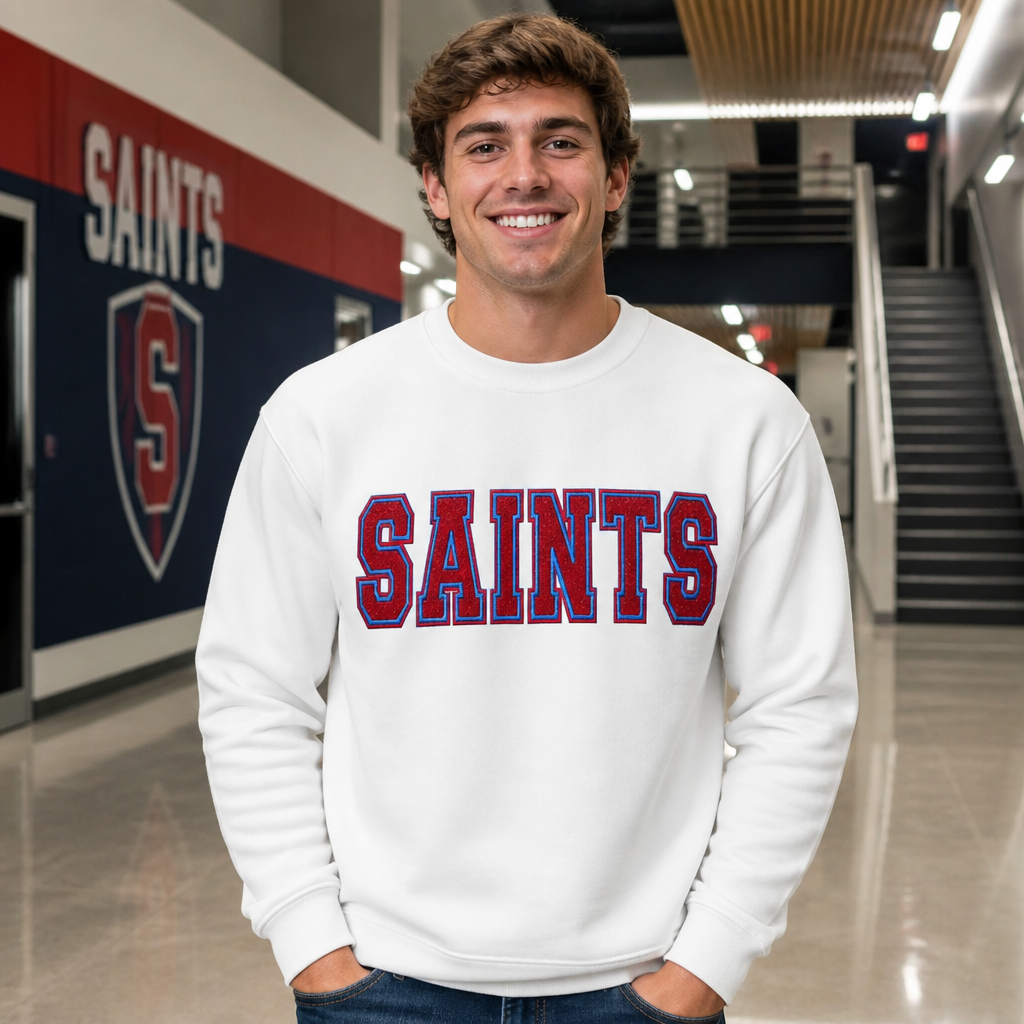 Saints Embroidered Mascot Varsity Spirit Wear Embroidered - Crewneck Adult Embroidery