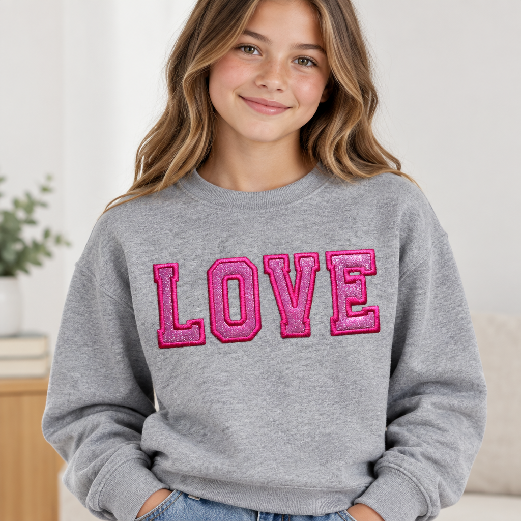 Youth LOVE Glitter Crewneck Sweatshirt - Kids Embroidery