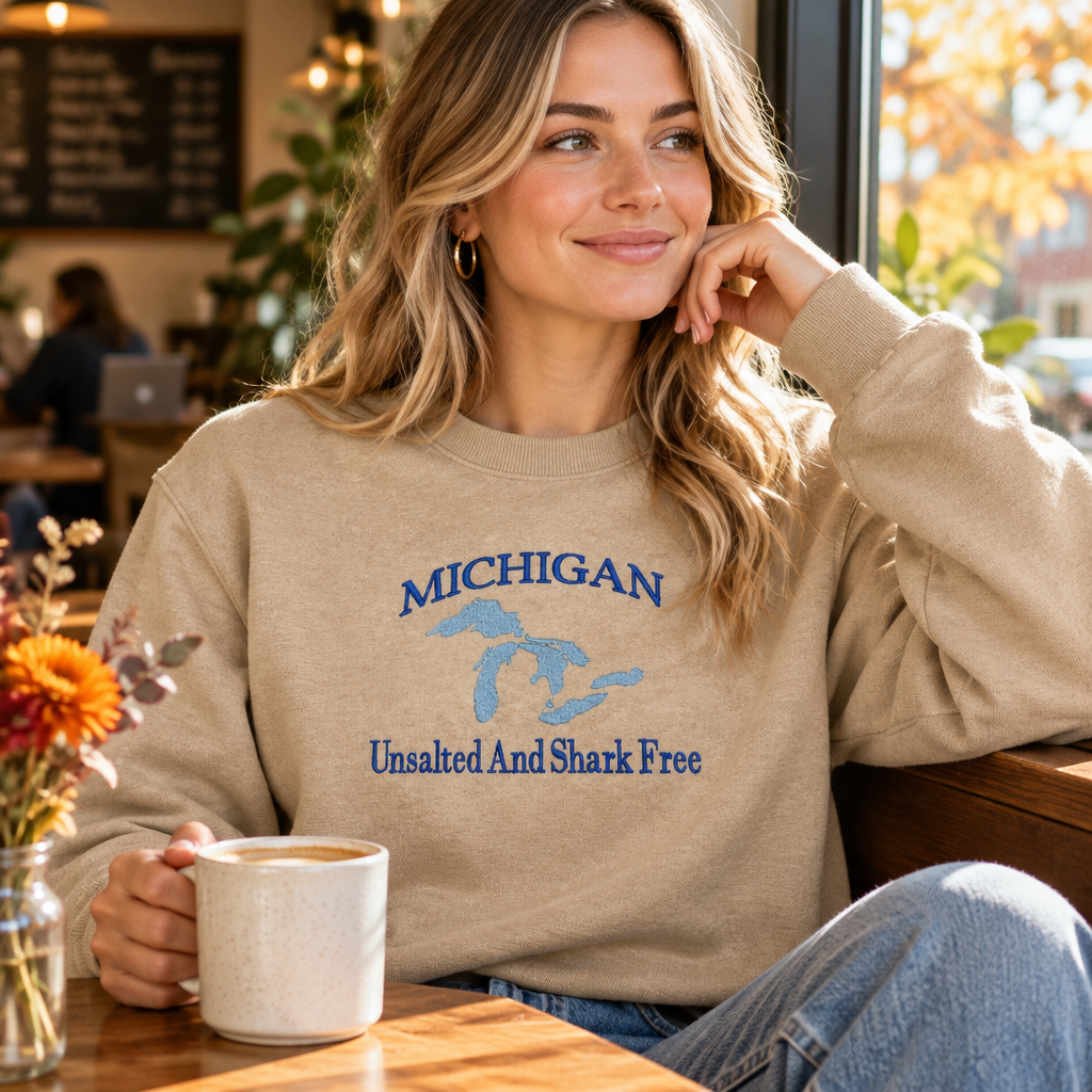Michigan Unsalted and Shark Free - Crewneck Adult Embroidery