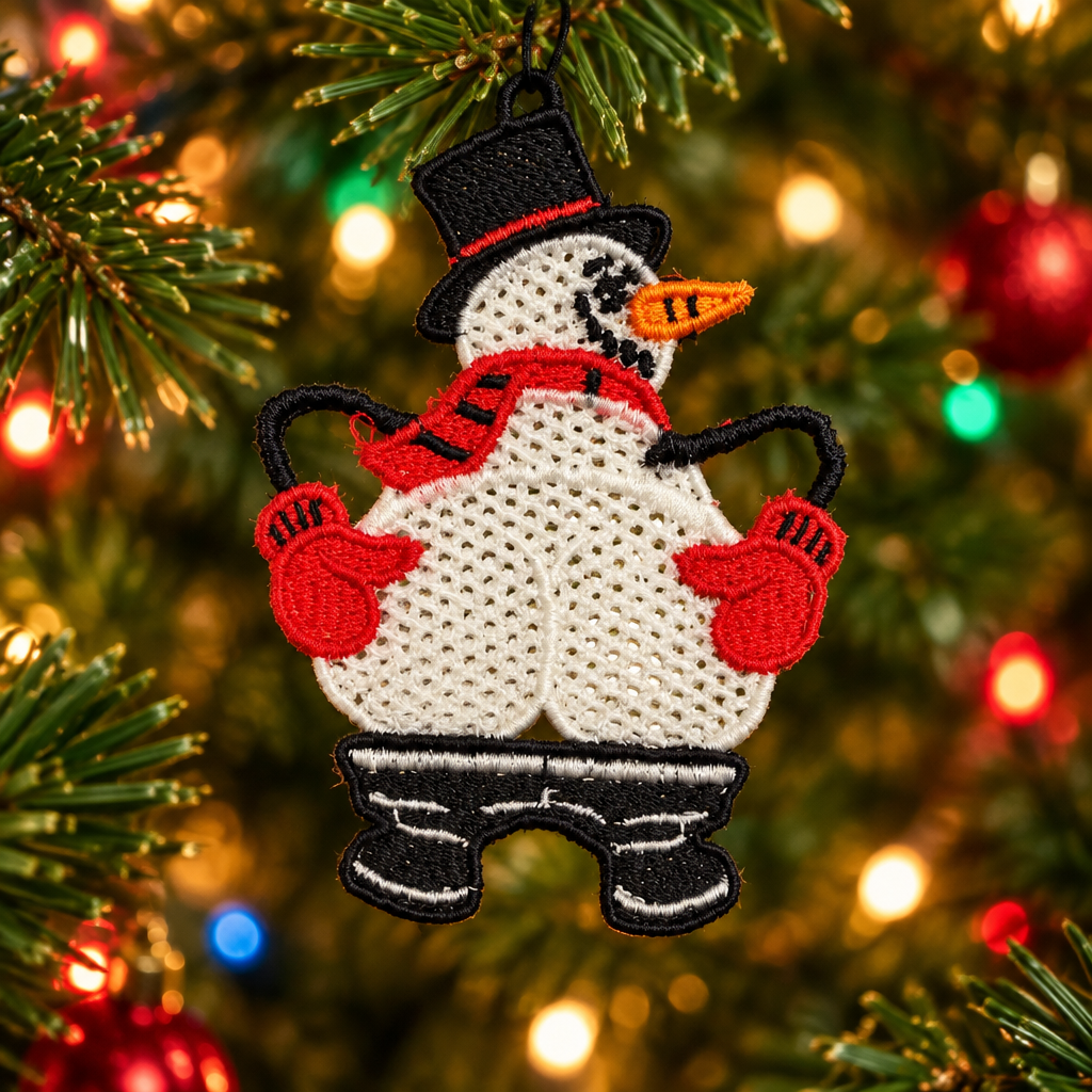 Cheeky Snowman Embroidered Christmas Ornament - Embroidery