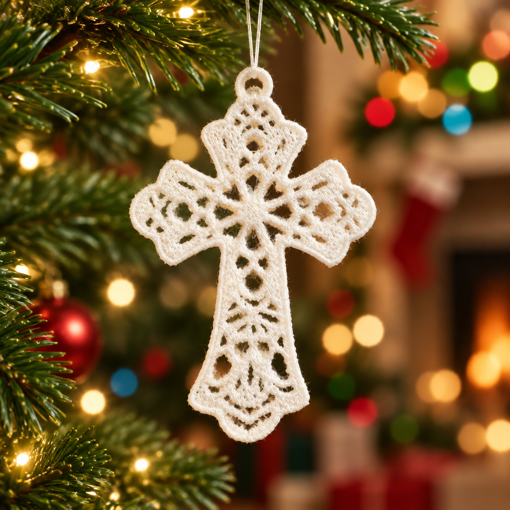 White Embroidered Lace Cross Christmas Ornament - Embroidery