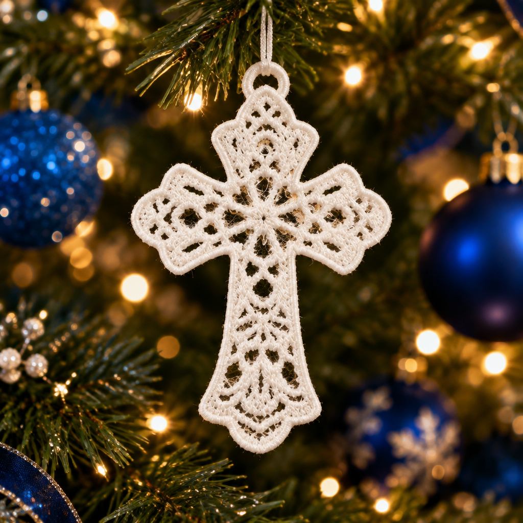 White Embroidered Lace Cross Christmas Ornament - Embroidery