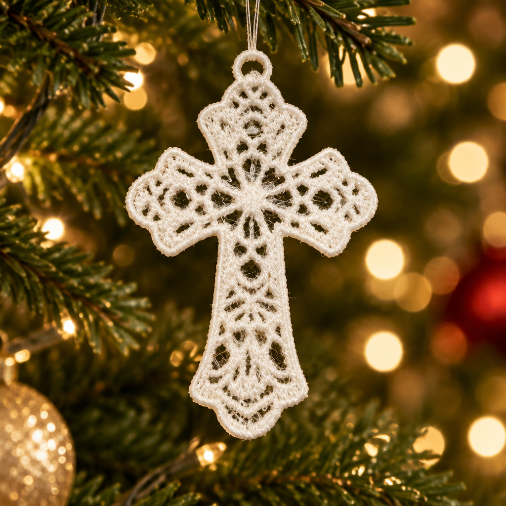 White Embroidered Lace Cross Christmas Ornament - Embroidery