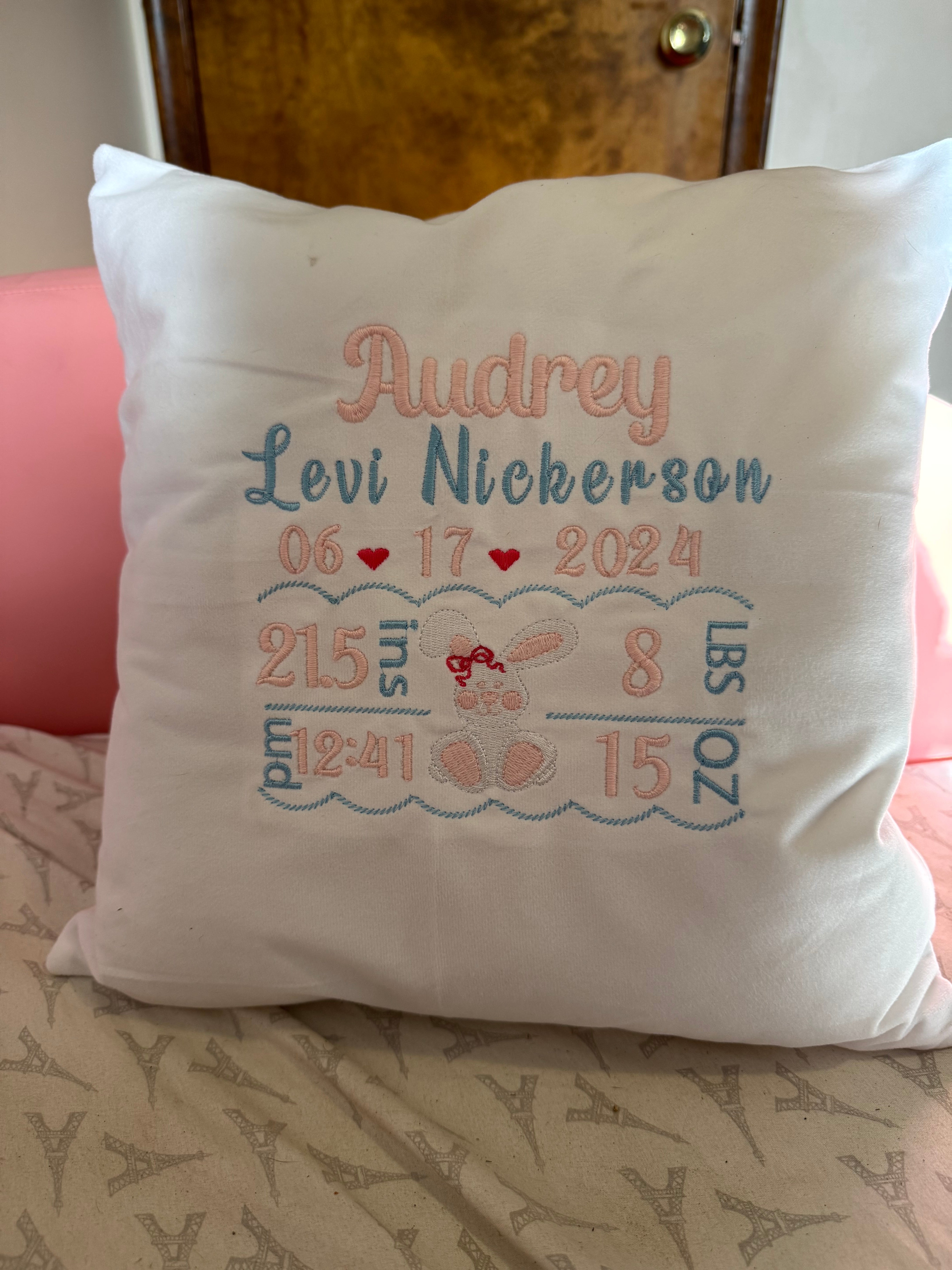 Birth Announcement Bunny Pillow Cover - Embroidery