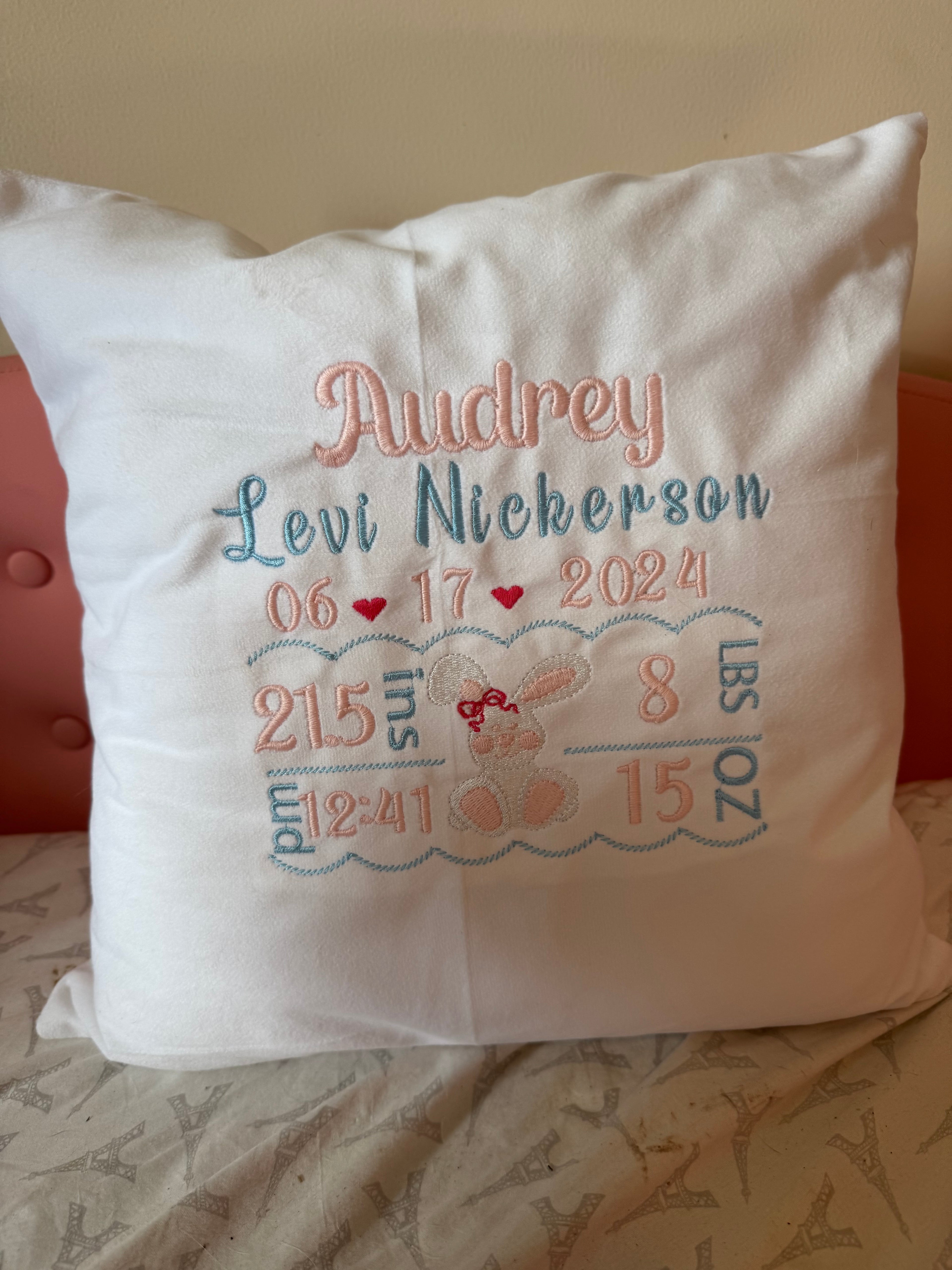 Birth Announcement Bunny Pillow Cover - Embroidery