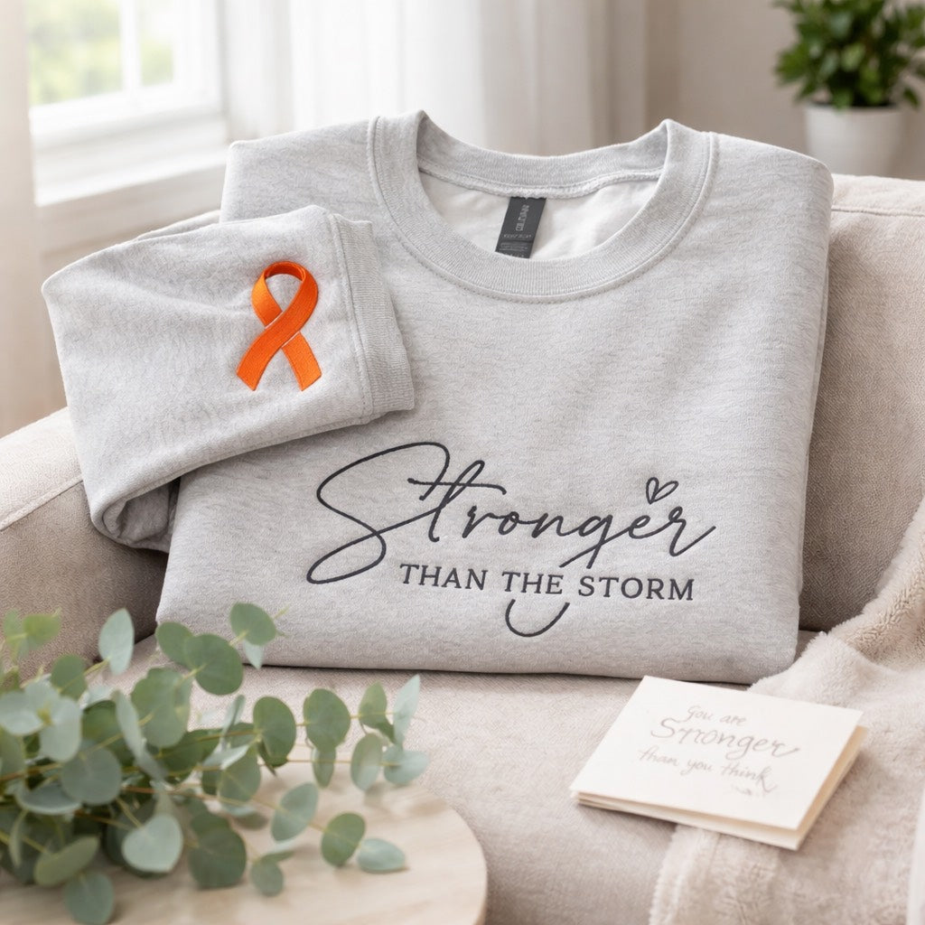 Stronger Then The Storm Cancer Ribbon - Crewneck Adult Embroidery