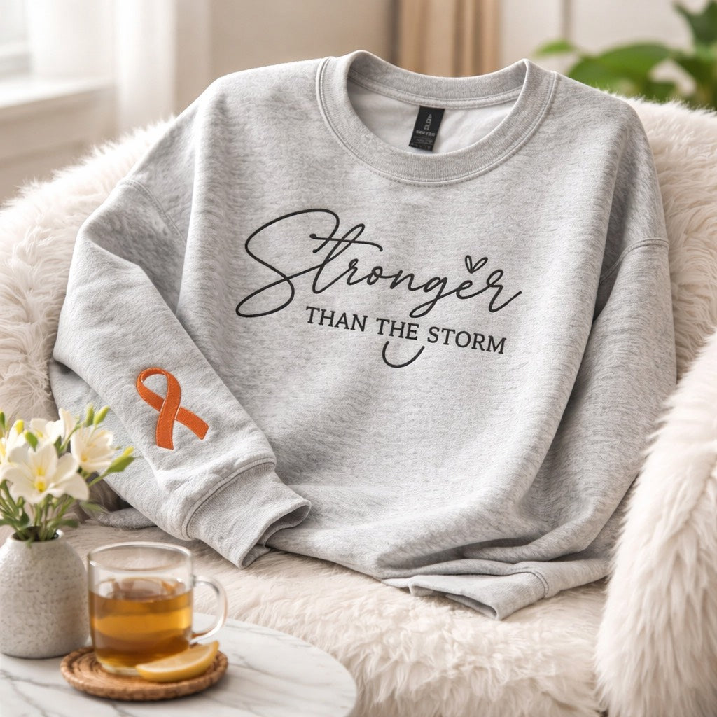 Stronger Then The Storm Cancer Ribbon - Crewneck Adult Embroidery