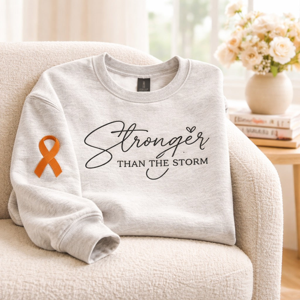 Stronger Then The Storm Cancer Ribbon - Crewneck Adult Embroidery