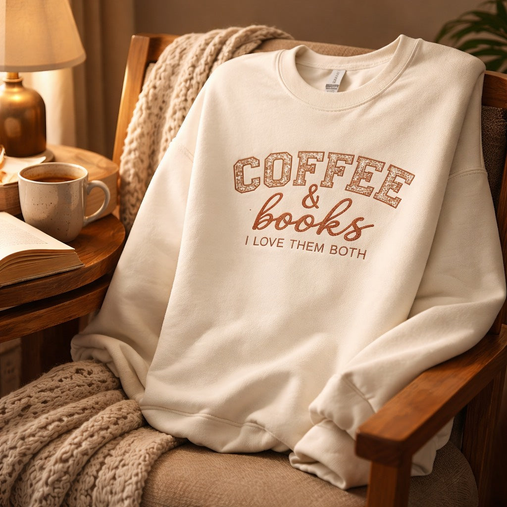 Coffee & Books I Love Them Both - Crewneck Adult Embroidery
