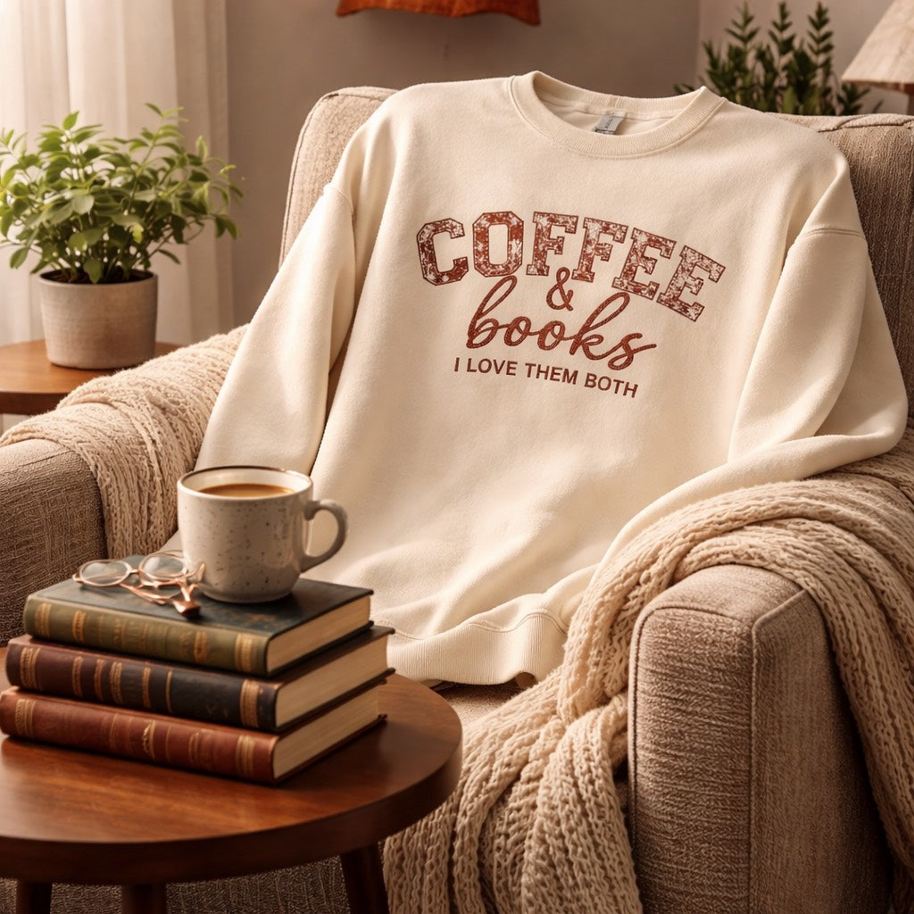 Coffee & Books I Love Them Both - Crewneck Adult Embroidery