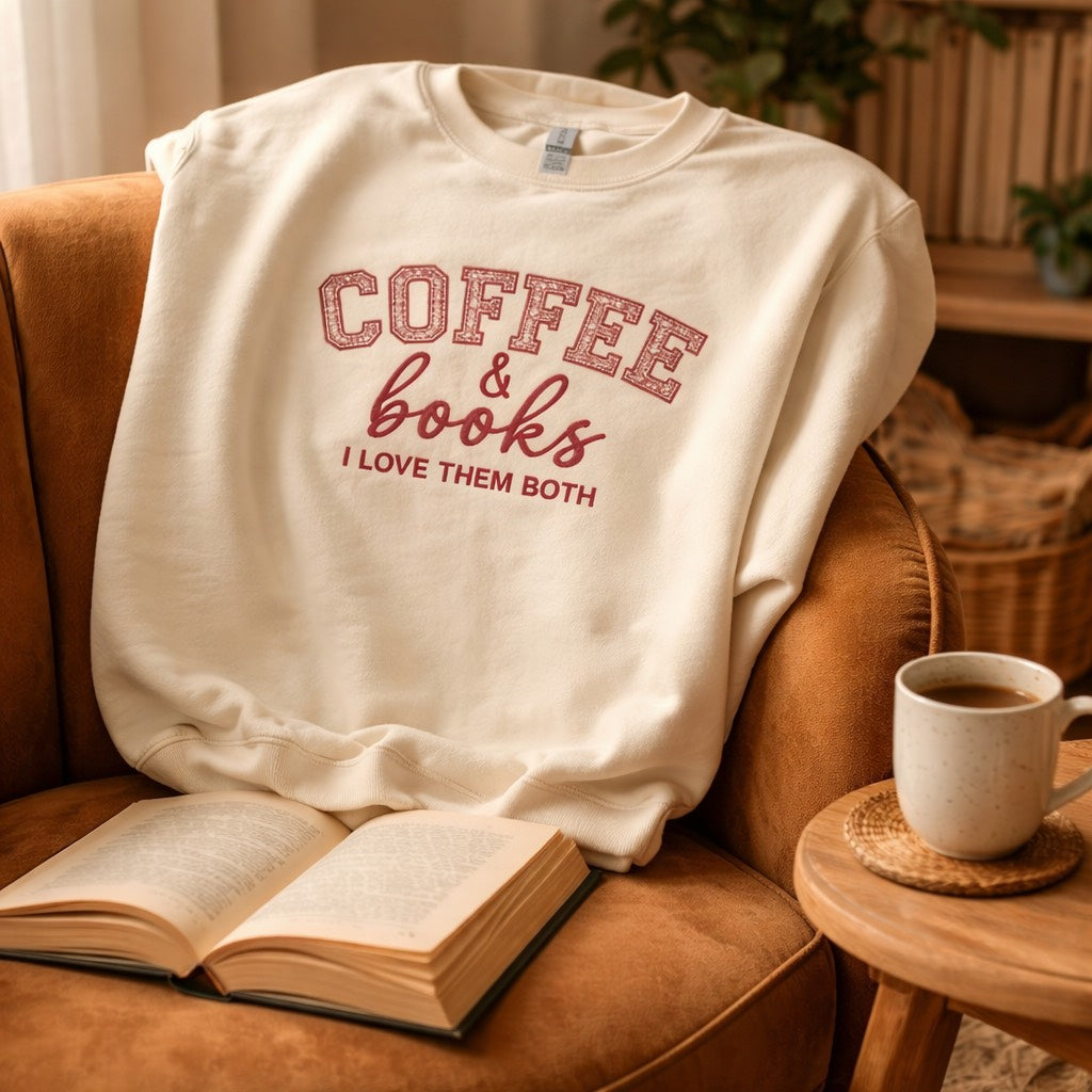 Coffee & Books I Love Them Both - Crewneck Adult Embroidery