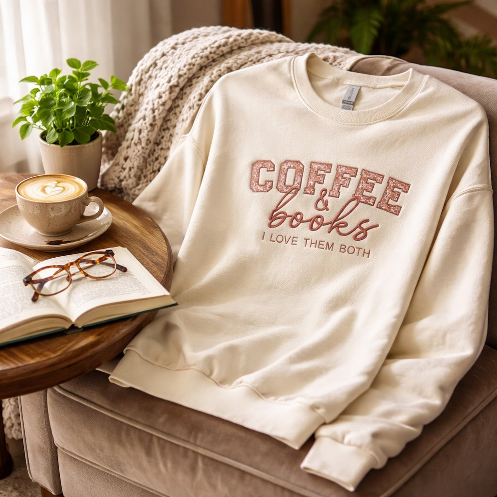Coffee & Books I Love Them Both - Crewneck Adult Embroidery