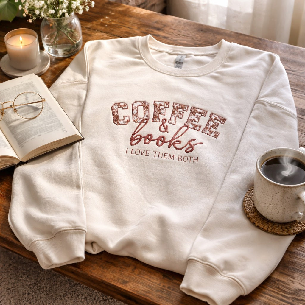 Coffee & Books I Love Them Both - Crewneck Adult Embroidery