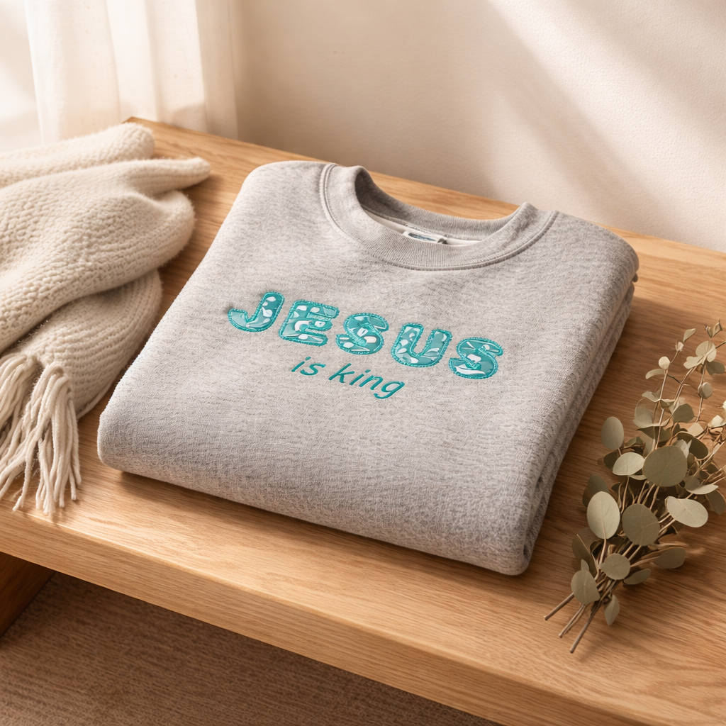 Jesus Is King Lace Stitch  - Crewneck Pocket Adult Embroidery