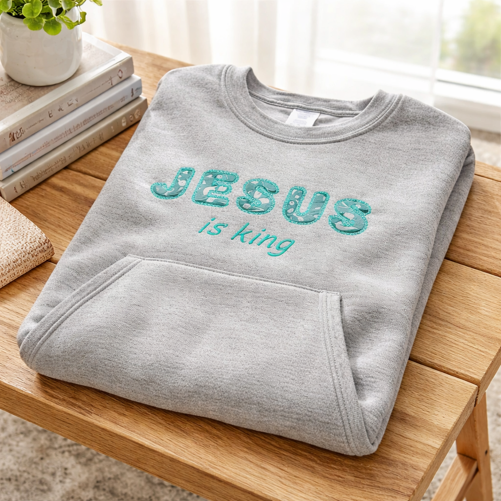 Jesus Is King Lace Stitch  - Crewneck Pocket Adult Embroidery