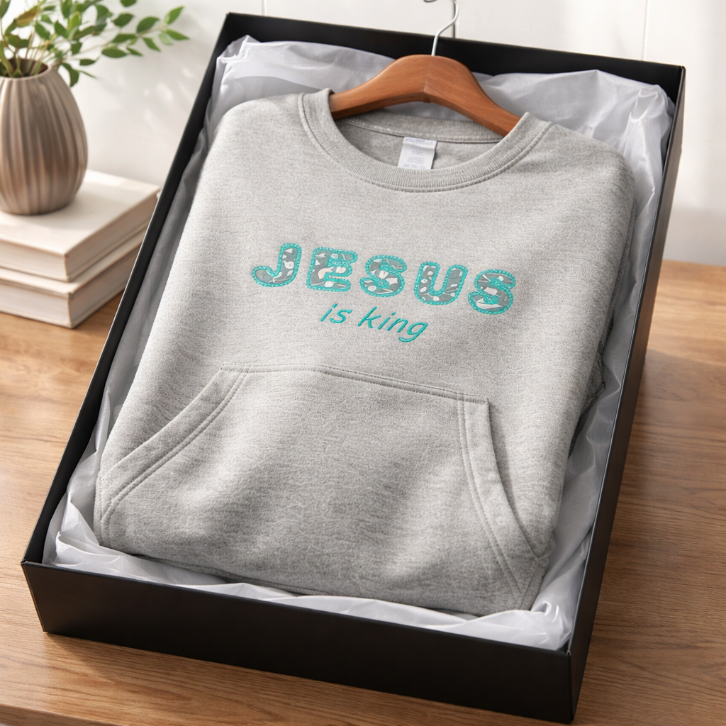 Jesus Is King Lace Stitch  - Crewneck Pocket Adult Embroidery