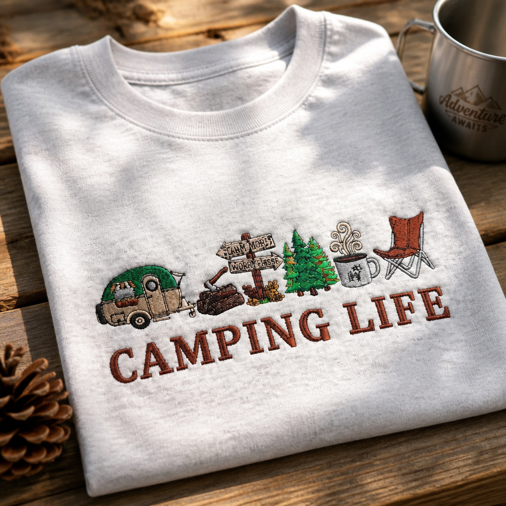 Camping Life Trailer - Long Sleeve T-Shirt Adult Embroidery