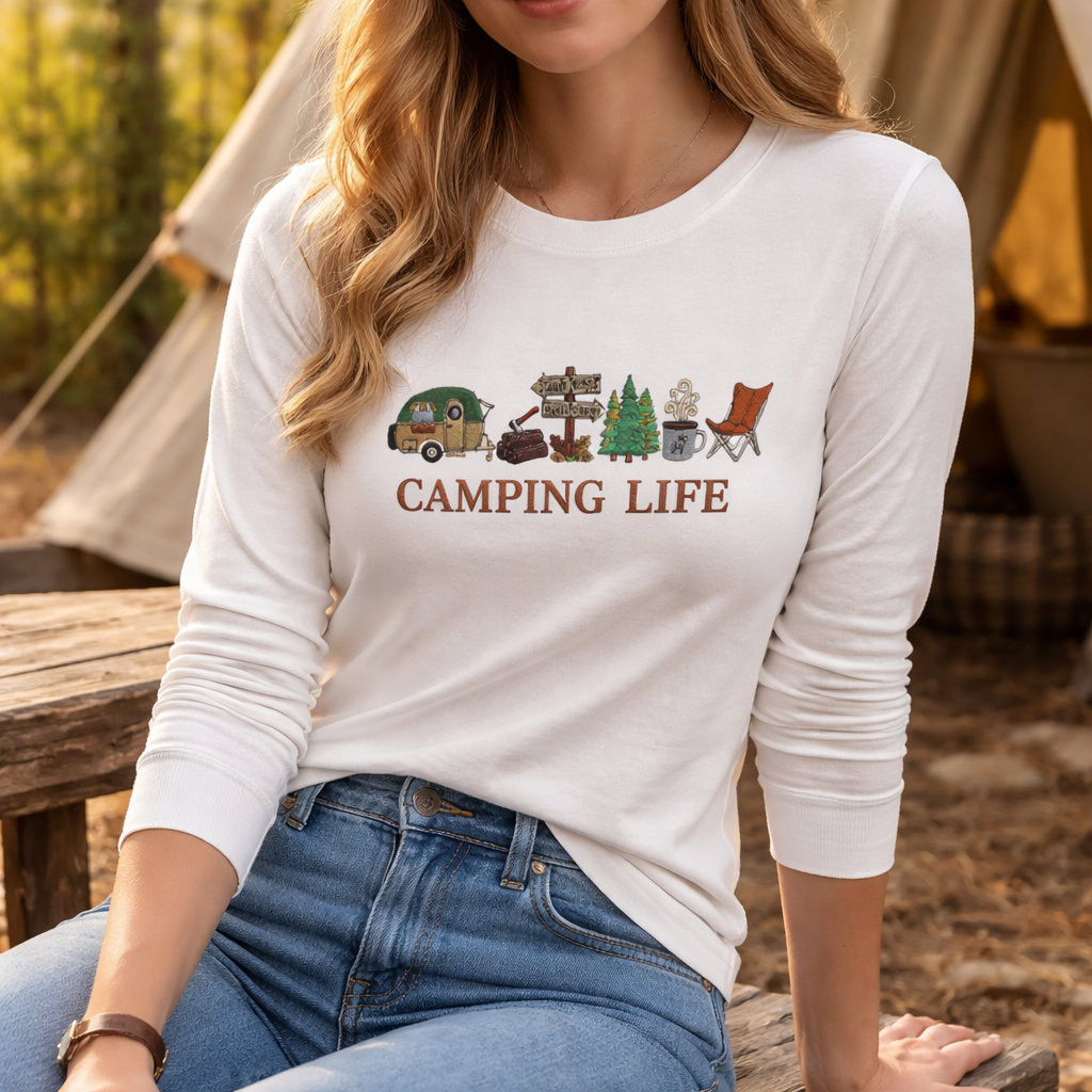 Camping Life Trailer - Long Sleeve T-Shirt Adult Embroidery