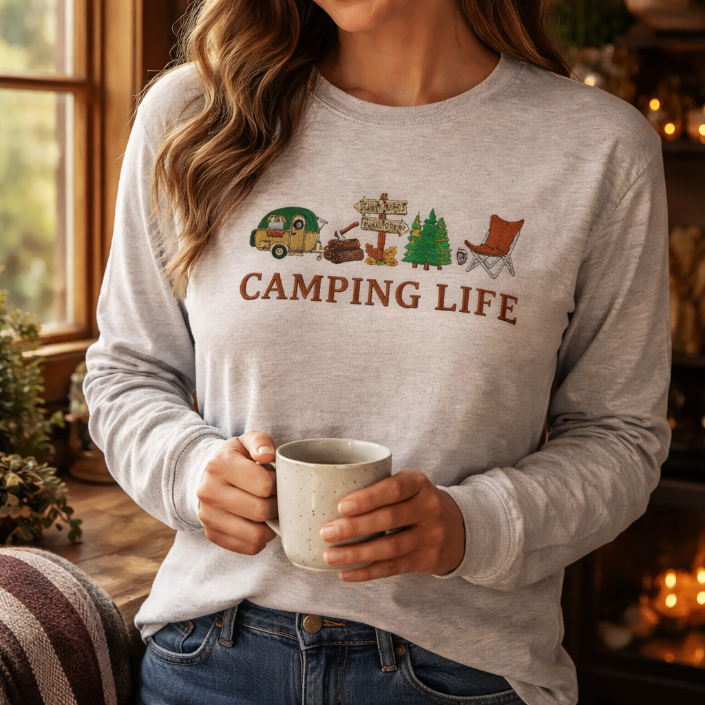 Camping Life Trailer - Long Sleeve T-Shirt Adult Embroidery